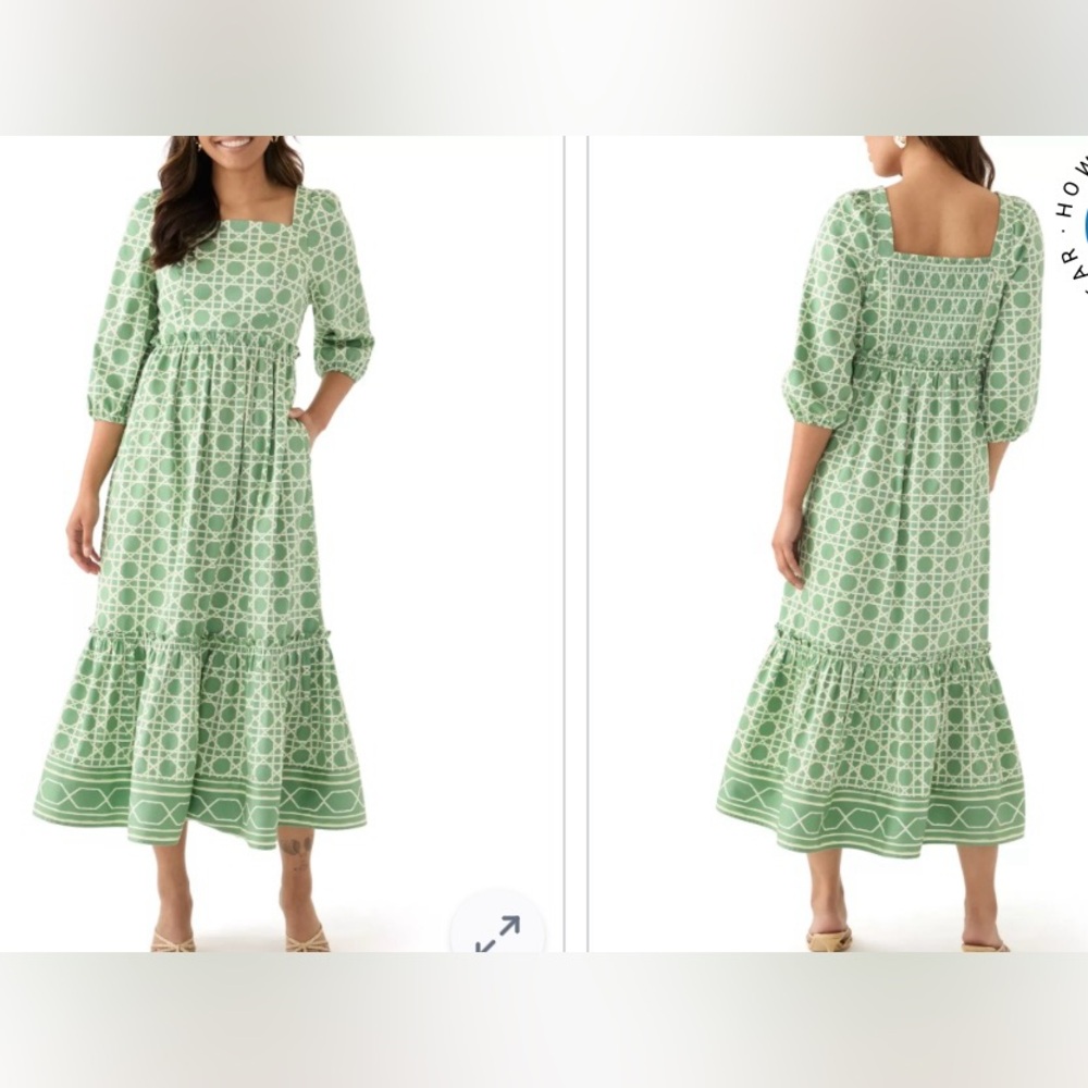 Crown & Ivy empire waist green & white midi dress, 3/4 sleeves. Size M. NWT!